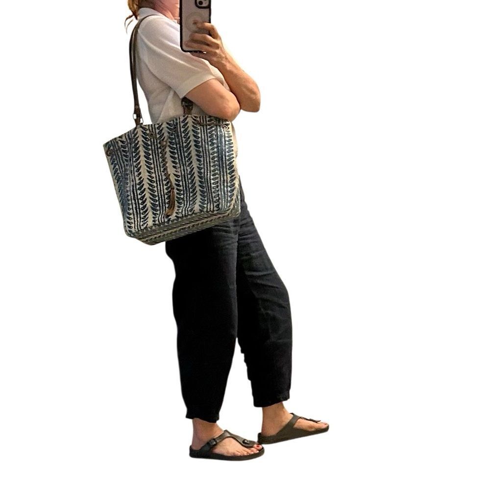 Myra Bag Tote Canvas Ikat Leather Hobo Drawstring Tassel ‎ Medium Blue Cream